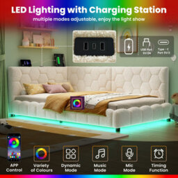 Merax 3Ft Single Daybed 90 X 190 Cm, Boucle Upholstered Bed With Rgb Led Lights, Usb & Type-C Charging Station, Beige - thumbnail 6