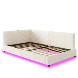 Merax 3Ft Single Daybed 90 X 190 Cm, Boucle Upholstered Bed With Rgb Led Lights, Usb & Type-C Charging Station, Beige - thumbnail 8