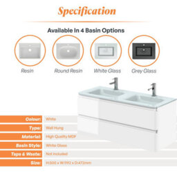 Plum&clay Marvel Gloss White Wall Hung Bathroom Vanity Unit With White Glass Basin (W)1200mm - thumbnail 4