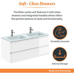 Plum&clay Marvel Gloss White Wall Hung Bathroom Vanity Unit With White Glass Basin (W)1200mm - thumbnail 3