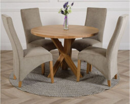 That's Furniture Oregon Round Oak Dining Table And 4 Chairs Dining Set With Lola Grey Fabric Chairs