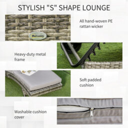 Outsunny Outdoor Rattan Sun Lounger With Reclining Back, Wheels, Grey - thumbnail 4