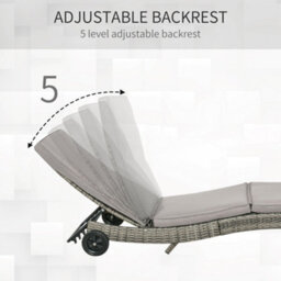 Outsunny Outdoor Rattan Sun Lounger With Reclining Back, Wheels, Grey - thumbnail 6