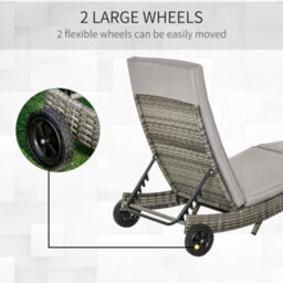 Outsunny Outdoor Rattan Sun Lounger With Reclining Back, Wheels, Grey - thumbnail 7