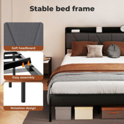 Levede Double Bed Frame Metal Platform Linen Upholstered Headboard Storage - thumbnail 6