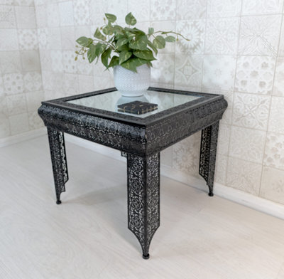 Downton Interiors Black Embossed Metal Mirrored Glass Side Table - image 1