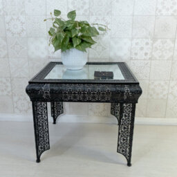 Downton Interiors Black Embossed Metal Mirrored Glass Side Table - thumbnail 2