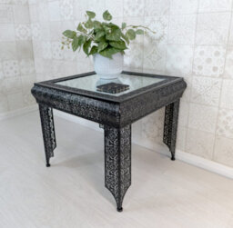 Downton Interiors Black Embossed Metal Mirrored Glass Side Table