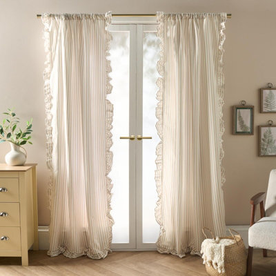 Ohs Stripe Frill Voile Net Curtain Pair Window Panels Slot Top Set - Natural - image 1