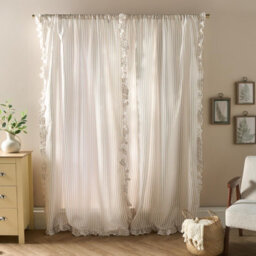 Ohs Stripe Frill Voile Net Curtain Pair Window Panels Slot Top Set - Natural - thumbnail 3