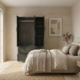 Urbn-Living Urbnliving 3 Door Wardrobe With 4 Drawers Wooden Bedroom Storage Cupboard With Hanging Rail For Clothes - Cedar Grey Unit & Black - thumbnail 4
