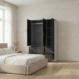 Urbn-Living Urbnliving 3 Door Wardrobe With 4 Drawers Wooden Bedroom Storage Cupboard With Hanging Rail For Clothes - Cedar Grey Unit & Black - thumbnail 3