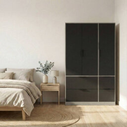 Urbn-Living Urbnliving 3 Door Wardrobe With 4 Drawers Wooden Bedroom Storage Cupboard With Hanging Rail For Clothes - Cedar Grey Unit & Black - thumbnail 2