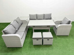 Fimous 9 Seater Poly Rattan Outdoor Garden Furniture Rectangular Dining Table Sofa Set 3 Seater Sofa Stools Side Table Light Grey - thumbnail 2