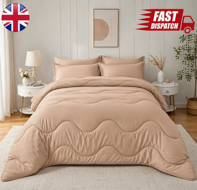 Natural Dark Natural 10.5 Tog Coverless Duvet Set With Pillowcases Reversible Lightweight Microfiber Polyester Bedding Plain Wave - image 1