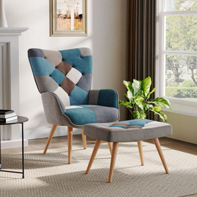 Thehotsale Colour Block Upholstered Armchair With Wooden Legs And Footstool - image 1