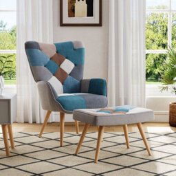 Thehotsale Colour Block Upholstered Armchair With Wooden Legs And Footstool - thumbnail 2