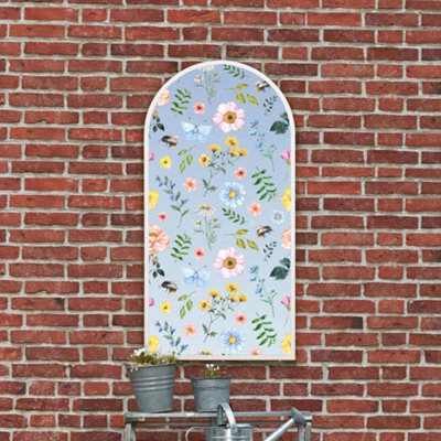 Mirroroutlet The Typis White Metal Edged Arch Garden Wall Mirror With Colour Flower Decals 120Cm X 60Cm - image 1