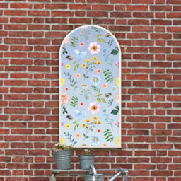 Mirroroutlet The Typis White Metal Edged Arch Garden Wall Mirror With Colour Flower Decals 120Cm X 60Cm