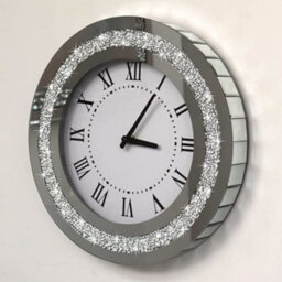 Biznest Large Round Crushed Mirror Jewel Wall Clock Black Needles Roman Number Diamante Glass Silver (35X35Cm)
