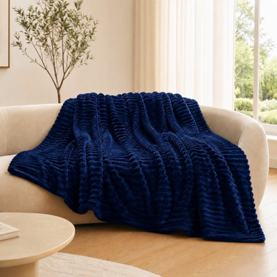 ARLinens Fluffy Fleece Blanket Ribbed For Bed Throw Blanket Reversible Multi Sizes 350Gsm (Navy Blue, Single) - image 1