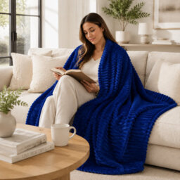 ARLinens Fluffy Fleece Blanket Ribbed For Bed Throw Blanket Reversible Multi Sizes 350Gsm (Navy Blue, Single) - thumbnail 4