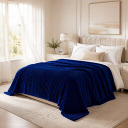 ARLinens Fluffy Fleece Blanket Ribbed For Bed Throw Blanket Reversible Multi Sizes 350Gsm (Navy Blue, Single) - thumbnail 6
