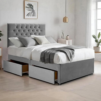 Grey Plush 4Ft Small Double Bed With Matttress  2 Storage Drawers And 20 Inch Chesterfield Headboard - image 1