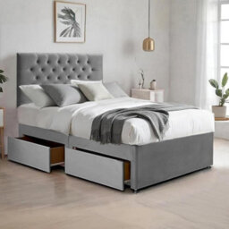 Grey Plush 4Ft Small Double Bed With Matttress  2 Storage Drawers And 20 Inch Chesterfield Headboard