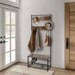 House Of Home Coat Rack Stand With Shoe Storage Bench 9 Hooks Rustic Brown Entrance Hall - thumbnail 3