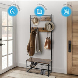 House Of Home Coat Rack Stand With Shoe Storage Bench 9 Hooks Rustic Brown Entrance Hall - thumbnail 5