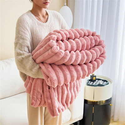 Living And Home Cozy Pink Reversible Fluffy Striped Throw Blanket 230Cm W X 200Cm D - image 1