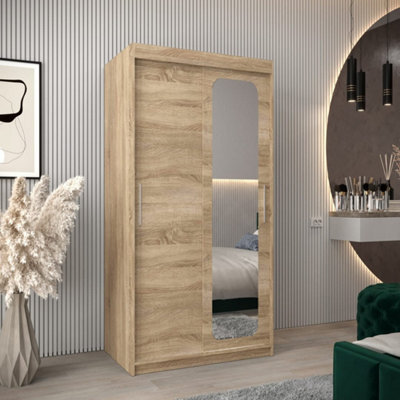 Arte Uppsala T2 Sliding Door Wardrobe 100Cm In Oak Sonoma - Timeless, Compact Mirrored Storage - image 1