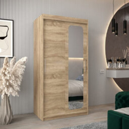 Arte Uppsala T2 Sliding Door Wardrobe 100Cm In Oak Sonoma - Timeless, Compact Mirrored Storage - thumbnail 1