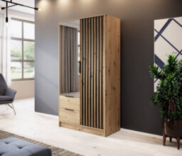 Arte Nelly Contemporary Mirrored Hinged 2 Door Wardrobe Oak Effect 2 Drawers 4 Shelves 1 Rail Lamela Decor (H)2000mm (W)1050mm (D)510mm - thumbnail 1