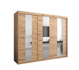 Arte Rustic Oak Artisan Pole Sliding Door Wardrobe W2500mm H2000mm D620mm - Mirrored Storage With Silver Handles