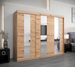 Arte Rustic Oak Artisan Pole Sliding Door Wardrobe W2500mm H2000mm D620mm - Mirrored Storage With Silver Handles - thumbnail 2