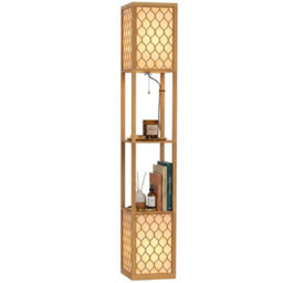 Homcom 2-Light Modern Floor Lamp W/ Shelves, Bedroom, Natural Wood Finish - thumbnail 2
