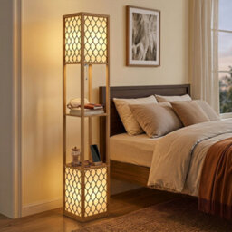Homcom 2-Light Modern Floor Lamp W/ Shelves, Bedroom, Natural Wood Finish
