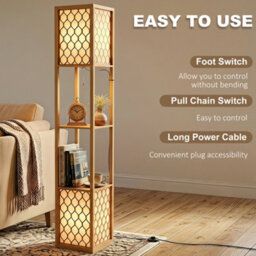 Homcom 2-Light Modern Floor Lamp W/ Shelves, Bedroom, Natural Wood Finish - thumbnail 6