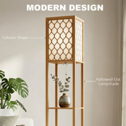 Homcom 2-Light Modern Floor Lamp W/ Shelves, Bedroom, Natural Wood Finish - thumbnail 5