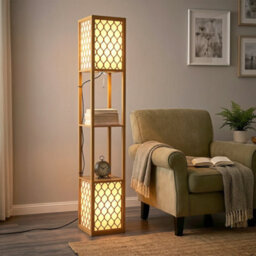 Homcom 2-Light Modern Floor Lamp W/ Shelves, Bedroom, Natural Wood Finish - thumbnail 9