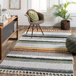 Livabliss Lofty-Shaggy Off-White Black Yellow Vintage Boho Plush Soft Pile Fringe Living Bedroom Rug 200 X 275 Cm Easy Care, Non Shedding - thumbnail 2