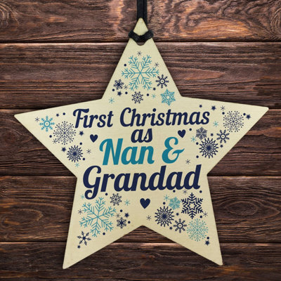 Red Ocean First Christmas As Nan Grandad Wooden Star Christmas Tree Bauble Decoration New Baby Grandparent Gifts - image 1
