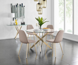 Furniturebox Uk Novara Gold Metal Large Round Dining Table And 4 Cappuccino Beige Corona Gold Chairs Set - thumbnail 1