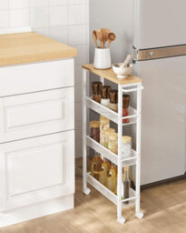Songmics Vasagle Rolling Storage Shelf, 4-Shelf Cart, Storage Organizer, Steel, Handle, Compact Trolley, Oak And White