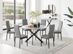 Furniturebox Novara Grey Concrete Effect 120Cm Round Dining Table With Black Starburst Legs & 6 Grey Milan Faux Leather Chairs