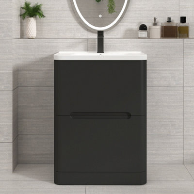 Royal Bathrooms Venice 600mm Matt Nocturne Black Floor Standing Vanity Unit 2 Drawer With Ceramic Basin - image 1