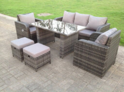 Fimous Pe Rattan Garden Furniture Set Adjustable Chair Lounge 3 Seater Sofa Oblong Rectangular Dining Black Glass Table 2 Stools - thumbnail 2