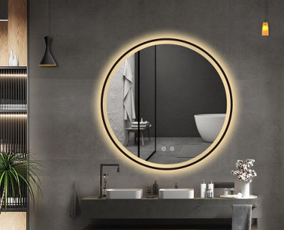 Belofay 600 mm Round Led Bathroom Mirror Black Frame Dimmable Lighting Anti Fog Wall Mounted - image 1